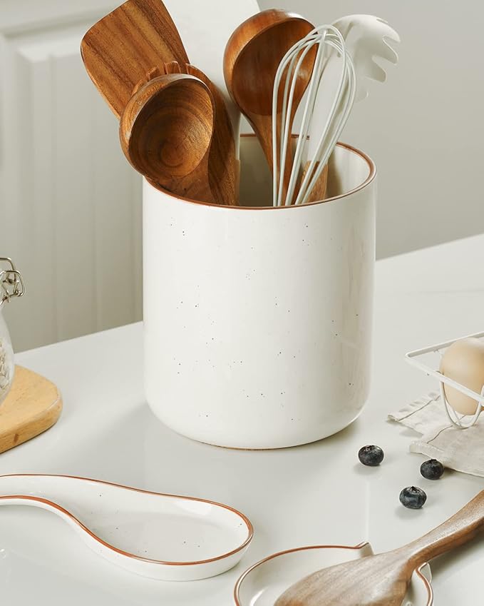 getstar Kitchen Utensil Holder, Large Ceramic Cooking Utensil Holder (H7.2” x W6.2”) for Kitchen Counter with Cork Mat at Bottom, Farmhouse Decor