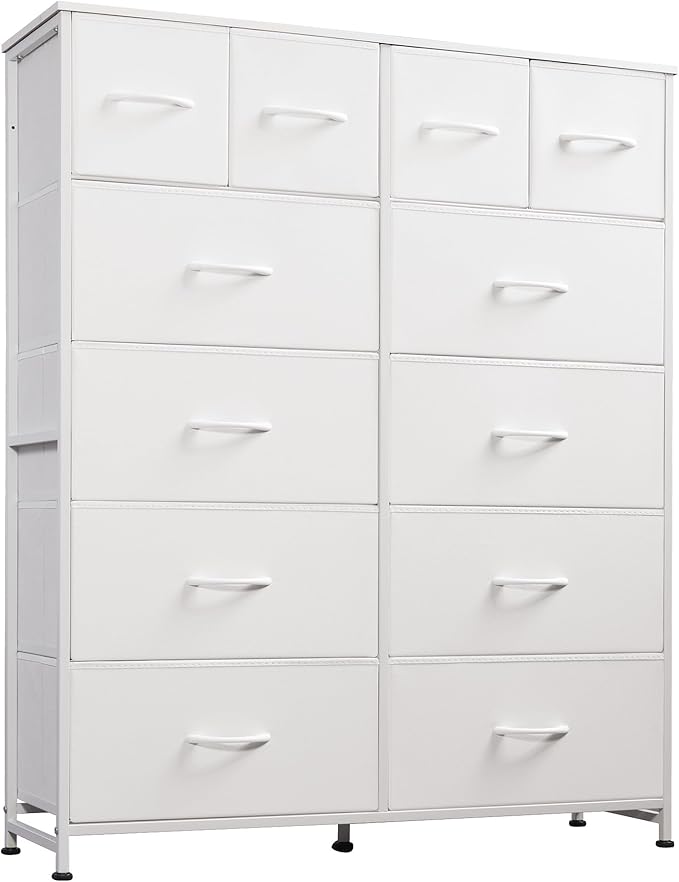 WLIVE Storage Organizer Unit with 12 Fabric Bins, Storage Drawers Organizer with Steel Frame, Tall Storage Tower Organizaton for Living Room, Hallway, Office, White