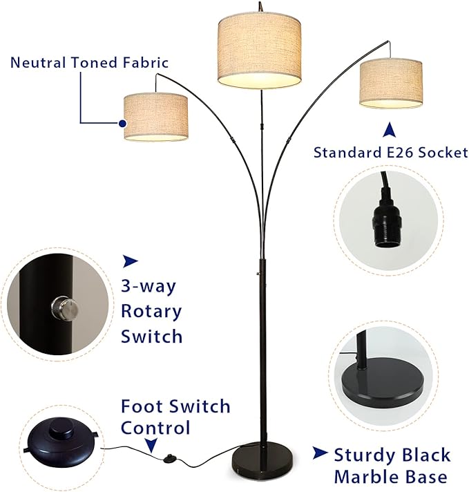 DLLT 3-Light Arc Floor Lamp, Modern LED Floor Lamp with Hanging Lampshades, 79 Inches Tall Standing Lamp with 3-Way Switch for Living Room Bedroom Reading Office Lighting, E26 Base, 9W Bulbs Included