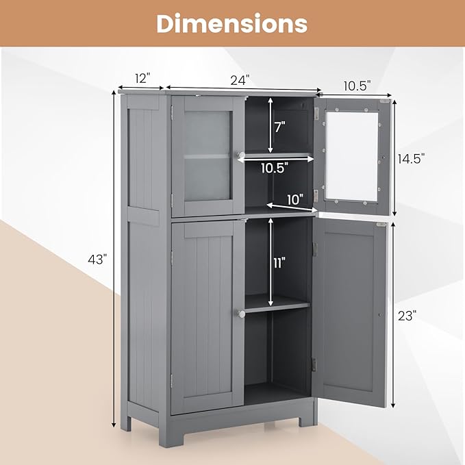 GOFLAME Bathroom Storage Cabinet, Freestanding Storage Cabinet with 4 Doors, Wooden Kitchen Cupboard with Adjustable Shelf, Buffet Sideboard, Multipurpose Home Organizer for Bathroom, Kitchen, Grey