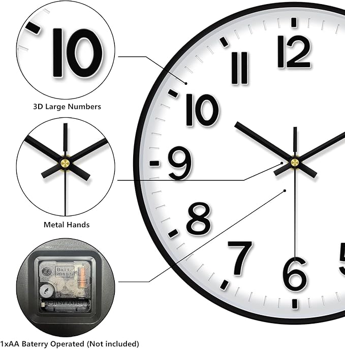 Wall Clocks Battery Operated, 12 Inch Non Ticking Digital Wall Clock, Silent Analog Clock for Bedroom Living Room Kitchen Office Gym Classroom Decor, Large Number Clocks for Seniors Elderly