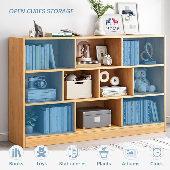 IOTXY Open Shelf Low Bookcase - Wooden 3-Tier Floor Standing Display Cabinet Organizer with Base, 8 Cubes Short Horizontal Bookshelf in Tiffany-Green