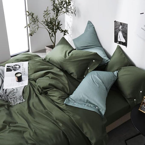 VM VOUGEMARKET Green Duvet Cover Queen,3pcs Silky Cooling Sateen Cotton Bedding Set for Hot Sleeper,Soft Breathable Duvet Cover with Zipper (Dark Green,Queen)