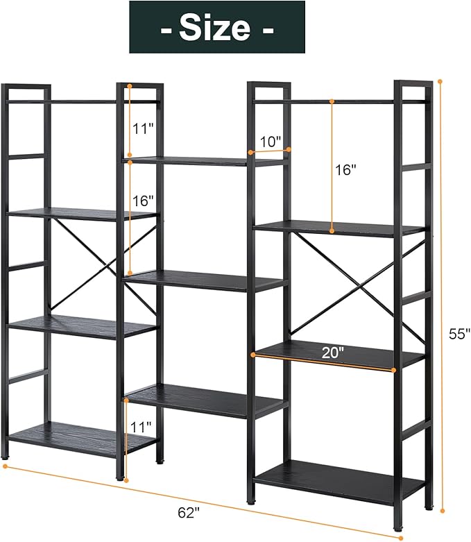 Triple 4 Tier Book Shelf, Modern Bookcase Shelf, Freestanding Large Display Shelves for Living Room/Office/Garage, Stable Large Bookshelf with Storage for Books/Lego/Plants, Black