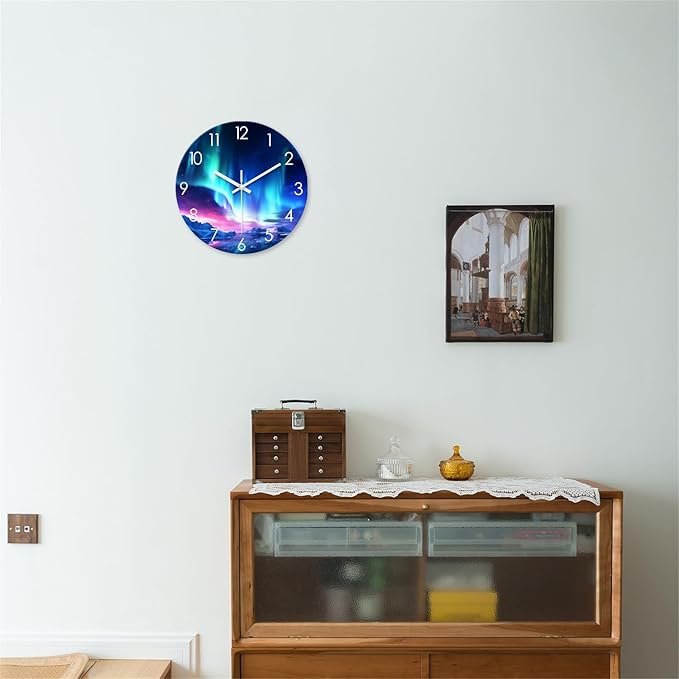 XNM Glass Aurora 12 Inch Modern Teal Wall Clocks Battery Operated Round Wall Clocks for Living Room Wall Clock Silent Non Ticking