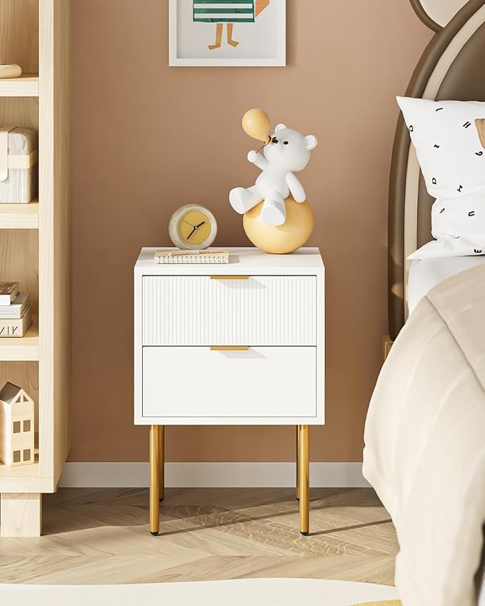 Nightstand,Morden Bedside Table with Gold Frame,Small White Night Stand,End Table,Bedside Furniture,Side Table with Drawer and Shelf for Bedroom,Living Room (2Drawers, White)