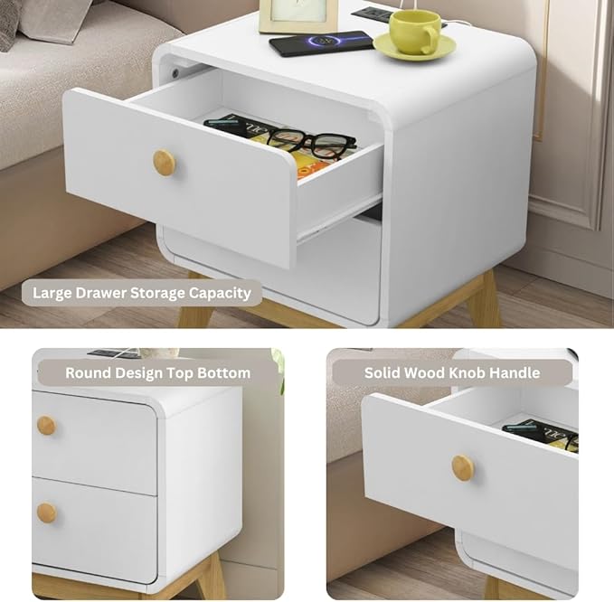 Aries Set of 2 Nightstands with Charging Station, 2 Drawer Bedside Tables with Storage, Night Stands for Bedroom, End Table or Side Table for Living Room, 15.7" x 18.9" x 21.7", White