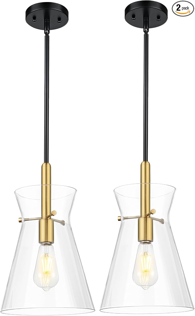 Emak Modern 9 Inch Black and Gold Pendant Lights Kitchen Island, 2 Pack Large Pendant Light with Clear Glass Shade, Farmhouse Island Lights for for Kitchen, Dining Room, Bathroom, PL130-BKBGD-CG-2PK