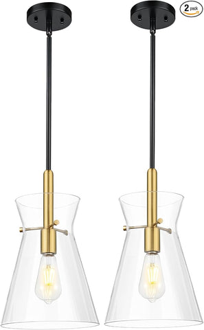 Emak Modern 9 Inch Black and Gold Pendant Lights Kitchen Island, 2 Pack Large Pendant Light with Clear Glass Shade, Farmhouse Island Lights for for Kitchen, Dining Room, Bathroom, PL130-BKBGD-CG-2PK