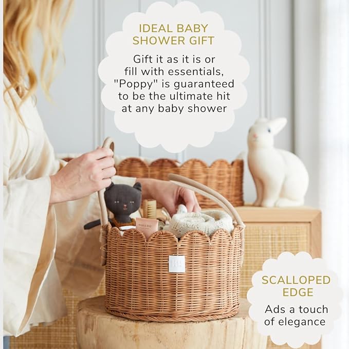 BEBE BASK Premium Baby Diaper Caddy Organizer - Handmade & Award-Winning Scalloped Rattan Basket - Luxury Diaper Caddy Basket - Elegant Scalloped Edge (Mocca)