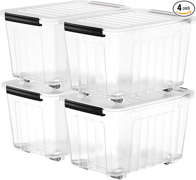 Nazhura 97 Quart Plastic Storage Bin, Stackable and Nestable Storage Boxes with Lids and Secure Latching Buckles, Large Storage Container (Clear, 97Quart-4Pack)