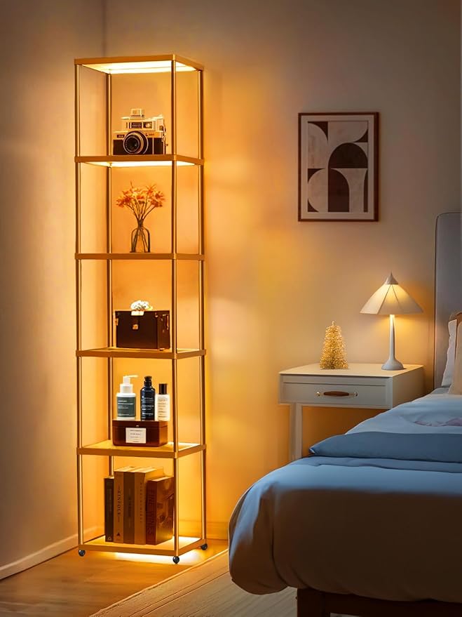 MANBUR Display Shelf with Dimmable LED Floor Lamp, Display Cabinet with Glass Bookcase, Home Decor, Bedroom Decor, Bookshelf with Light, Open Book Shelf with 6-Tier Shelf for Living Room Decor Gold