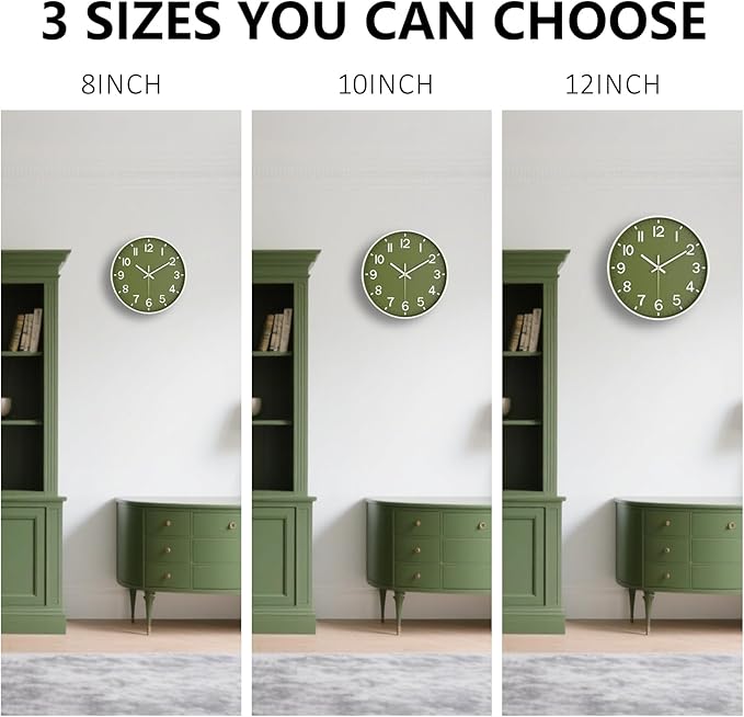 Wall Clocks Battery Operated, 12 Inch Non Ticking Wall Clock, Silent Analog Clock for Bedroom Living Room Kitchen Office Gym Classroom Decor, Large Number Clocks for Seniors, Olive Green