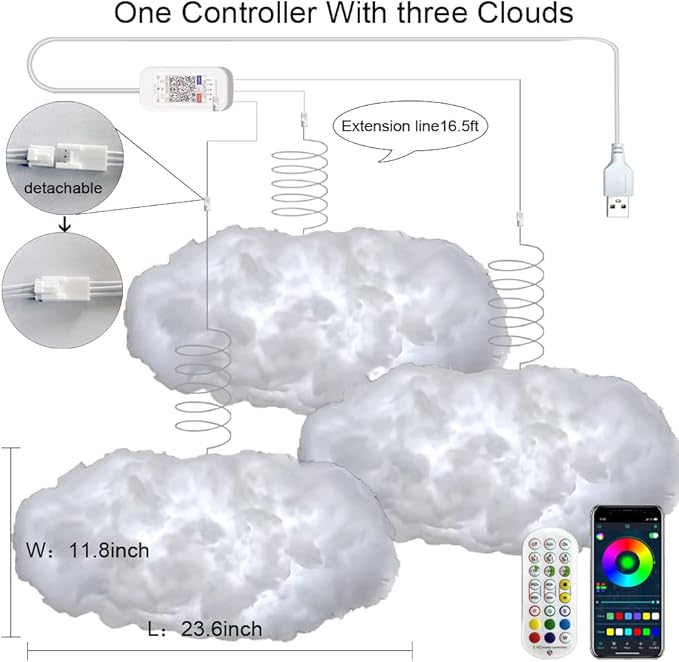 3PCS 3D Big Cloud Lightning Light Kit Music Sync Multicolor Lightning Changing Strip Lights 360 Degree Wireless Remote APP NO DIY Coolest Decorations for Adults and Kids Indoor Home Bedroom