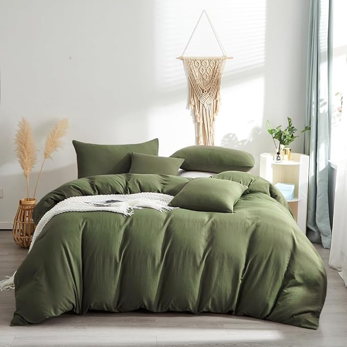 Wellboo Olive Green Comforter Sets Full Size Solid Dark Color Bedding Set Cotton Plain Army Soft Cozy Quilts Women Men Grass Green Blankets Modern Minimalist Hunter Green Bedding