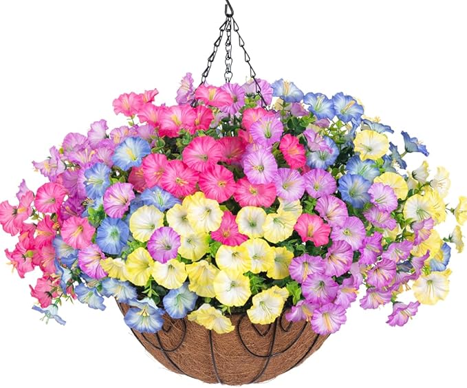 Artificial Faux Hanging Flowers Plants Baskets for Outdoors, Fake Silk Morning Glory in Planter UV Resistant Realistic Artificial Flower for Outside Porch Patio Balcony Garden Yard Home Decor
