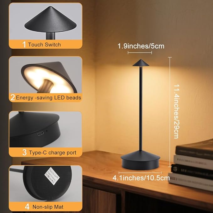 2 Pack Aluminum Cordless Table Lamps, 6000mAh Rechargeable Battery Operated Lamps, Portable Touch Lamp Outdoor Camping Lamp 3 Color Stepless Dimming Lamp for Restaurant/Patio/Dinning（Black）