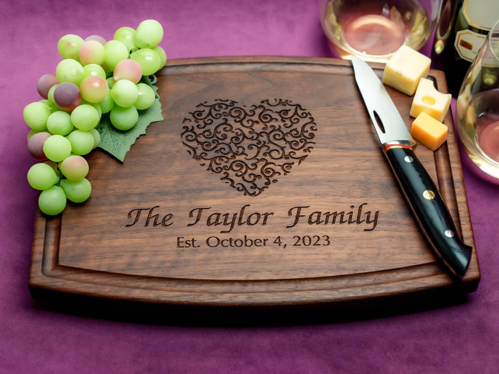 Straga Personalized Cutting Boards | Handmade Wood Engraved Charcuterie | Custom Wedding, Anniversary, Engagement Gift for Couples or Newlyweds (Swirled Heart Design No.213)