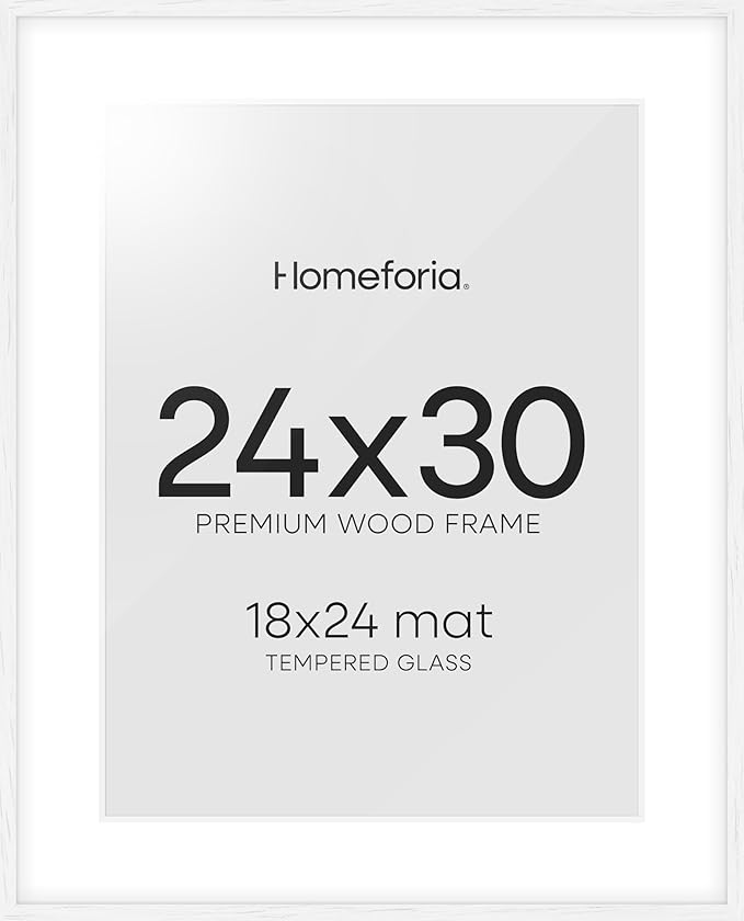 Homeforia 24x30 Poster Frame White, High End Oak 24 x 30 White Wood Picture Frames with Mat 18 x 24 for Photo, 24x30 Wooden Frame Matted to 18x24, 30x24 Large Frame, Tempered Glass, Wall Kit, Set of 1