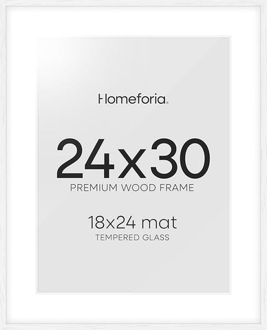 Homeforia 24x30 Poster Frame White, High End Oak 24 x 30 White Wood Picture Frames with Mat 18 x 24 for Photo, 24x30 Wooden Frame Matted to 18x24, 30x24 Large Frame, Tempered Glass, Wall Kit, Set of 1
