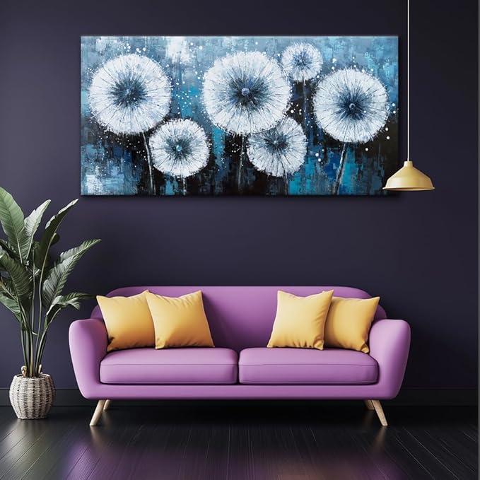 Modern Dandelion Wall Art for Living Room Office Navy Blue White Floral Canvas Painting Prints Large Flower Artwork Kitchen Bedroom Decor (23x46 Inches)