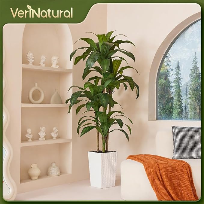 6FT Artificial Dracaena Tree - UV Resistant Faux Tropical Plant, Potted Fake Tree with Taper Planter & Pebbles - Indoor Outdoor Greenery for Home, Porch, Living Room, Bedroom Decor, VN127