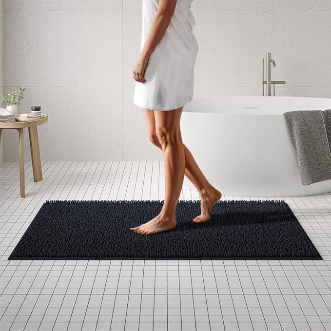 MAYSHINE Plush Shaggy Chenille Bath Mat | Extra Soft, Super Absorbent, Non-Slip Bathroom Rug | Fluffy Microfiber, Area Rug Sets for Bathroom Floor, Kitchen, Living Room | 59"x31" | Black