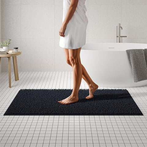 MAYSHINE Plush Shaggy Chenille Bath Mat | Extra Soft, Super Absorbent, Non-Slip Bathroom Rug | Fluffy Microfiber, Area Rug Sets for Bathroom Floor, Kitchen, Living Room | 59"x31" | Black