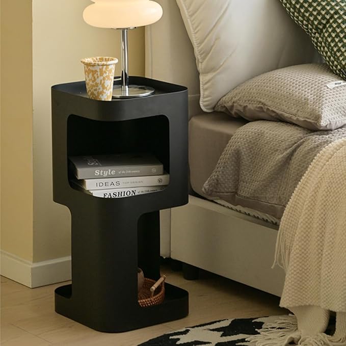 Modern Side Table,Small end Table for Small Spaces,Metal nightstand with Storage Shelf,Space-Saving Bedside Table Accent Table Drink Tables for Living Room,Bedroom.No Assembly Required (Black)
