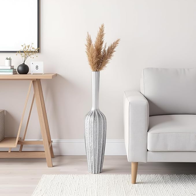 Elegant Silver Floor Vase - 23.62 Inch Tall Decorative Vase for Dried Flowers & Home Décor, Resin Tall Floor Vase