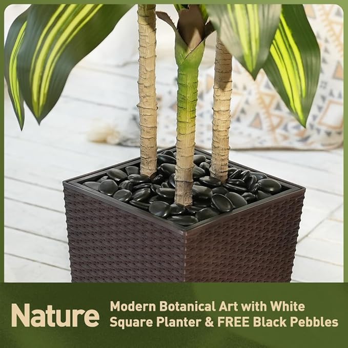Artificial Dracaena Tree 5FT - UV Resistant Faux Tree with Large Taper Planter & Pebbles - Tall Fake Plants Indoor & Outdoor, Potted Floor Plant for Home Living Room Porch Decor, VN127