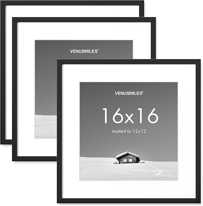 16x16 inch Picture Frame, 16x16 Photo Frames with 12x12 Removable Mat - High Definition Plexiglass - Vertical and Horizontal Display - Wall Hanging Frame - Black, 3 Pack
