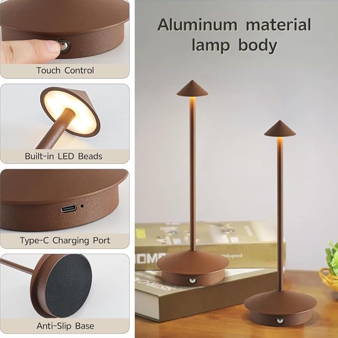 Cordless Table Lamp Set of 2, Rechargeable Portable LED Bedside Touch Lamp 6000mAh Battery Operated, 3 Color Stepless Dimming up, Wireless Battery Lamp for Dining/Outdoor/Bar/Patio/Party (Brown)