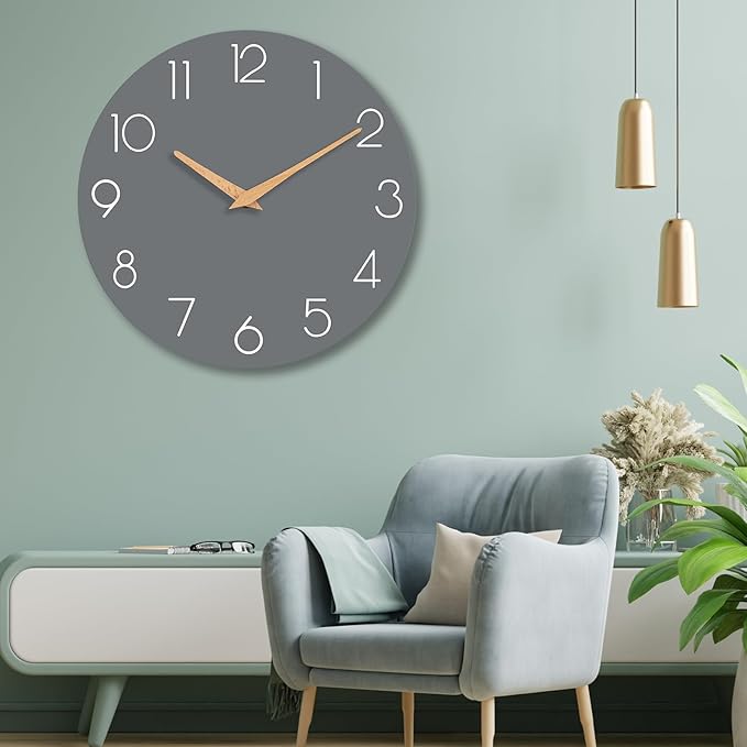 Wall Clock, 16 Inch Wooden Battery Operated Wall Clocks Silent Non-Ticking, Decorative Gray Clock for Living Room, Bedroom, Kitchen, Home, Office, School, Hotel