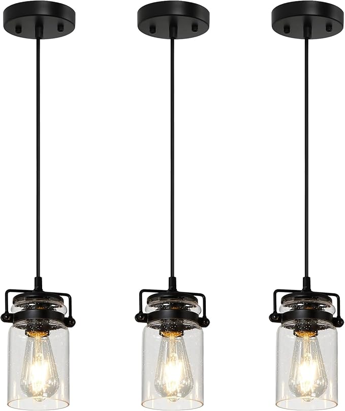 Industrial Pendant Lighting for Kithen Island, Black Pendant Light Fixture with Clear Glass Shade, Modern Mini Ceiling 3 Light Fixture Adjustable Kitchen Island Lighting(E26 Base)
