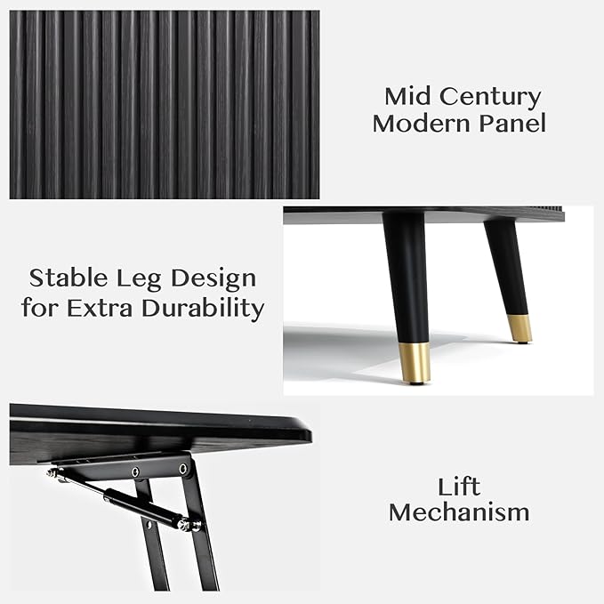 Lift Top Coffee Table, Mid Century Modern Coffee Table with Hidden Storage Compartment, 38" Fluted Center Table for Living Room, Home Office, Black