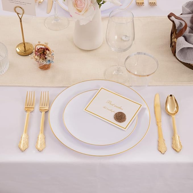 KIRE 100PCS Disposable Plates - White with Gold Rim for Party/Wedding - Includes 50Pieces 10.25inch Dinner and 50Pieces 7.5inch Dessert/Salad Plates