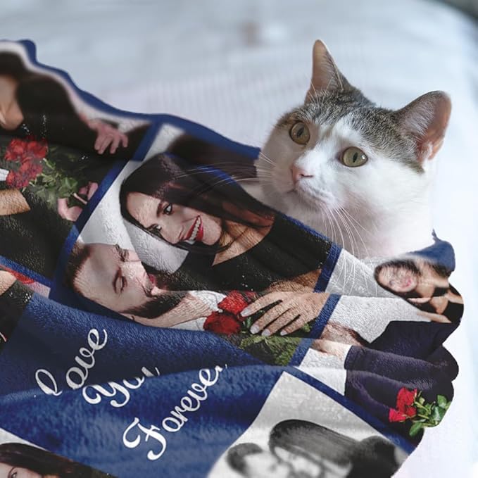 Sherpa Fleece Custom Photo Blanket - Soft, Warm, Fuzzy - Personalized Couples Gifts for Boyfriend, Girlfriend - Customized Picture Blanket for Birthday, Christmas