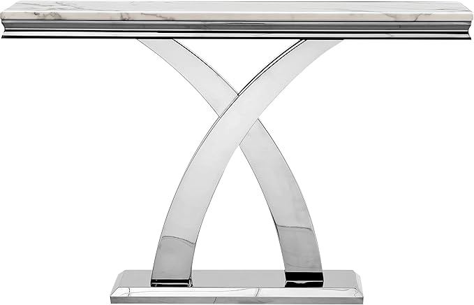 Marble Console Entryway Table, 47 inch Faux Marble Narrow Long Sofa Table, Modern White Tall Accent Table for Living Room, Entrance Table with Silver Geometric Stainless Steel Frame