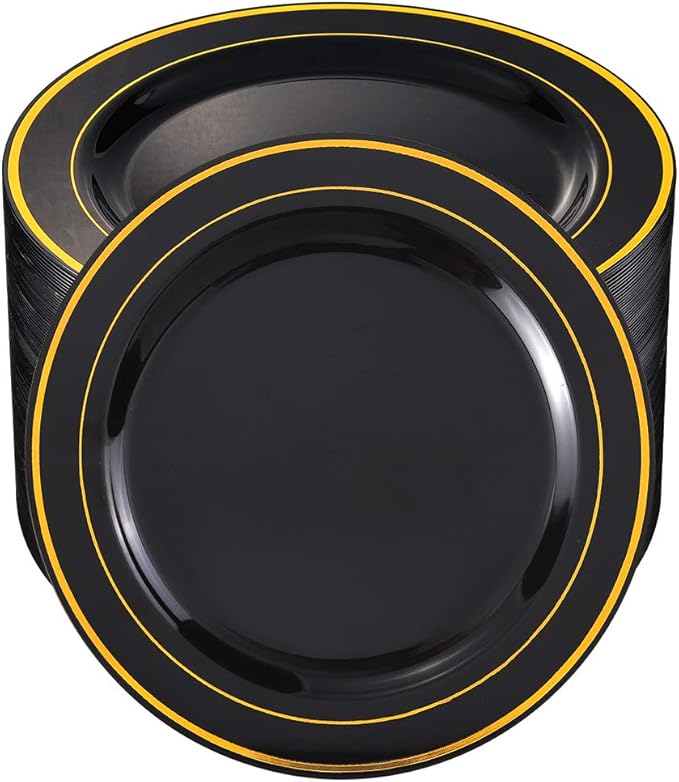 bUCLA 100 Pieces Black and Gold Plastic Dinner Plates - 10.25 inch Black Disposable Plates with Gold Rim - Ideal for Party, Graduation & Fathers Day