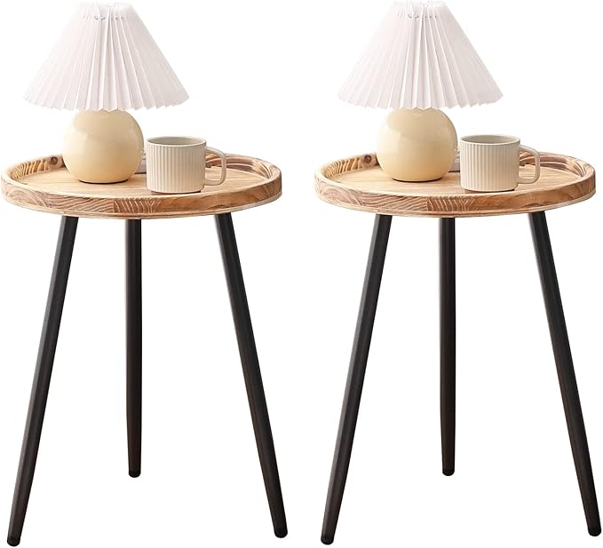 Tiita Round End Table Mental Side Table Nightstand/Small Wood Tables Accent Coffee Table with Wooden Tray for Living Room Bedroom Office Small Space