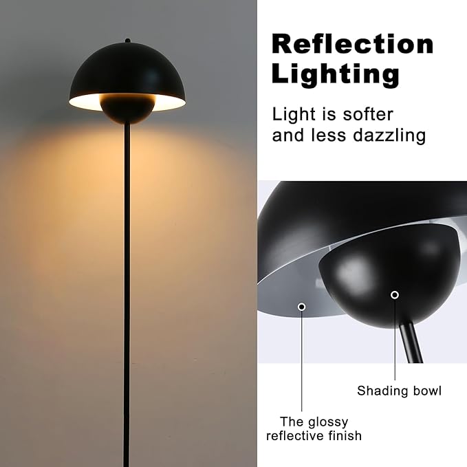 Modern Floor Lamp for Living Room, Industrial Tall Standing Lamp for Bedroom, Metal Shade Reflecting Light Reading Floor Lamp for Office, Nursery Room, Corner(Black)