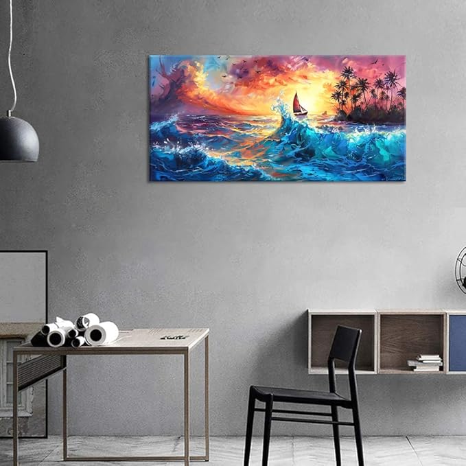 Sailboat Coconut Grove and Blue Waves Under the Sunset Oil Painting Style Wall Art Decor Artwork for Bedroom (30x60 Inches)