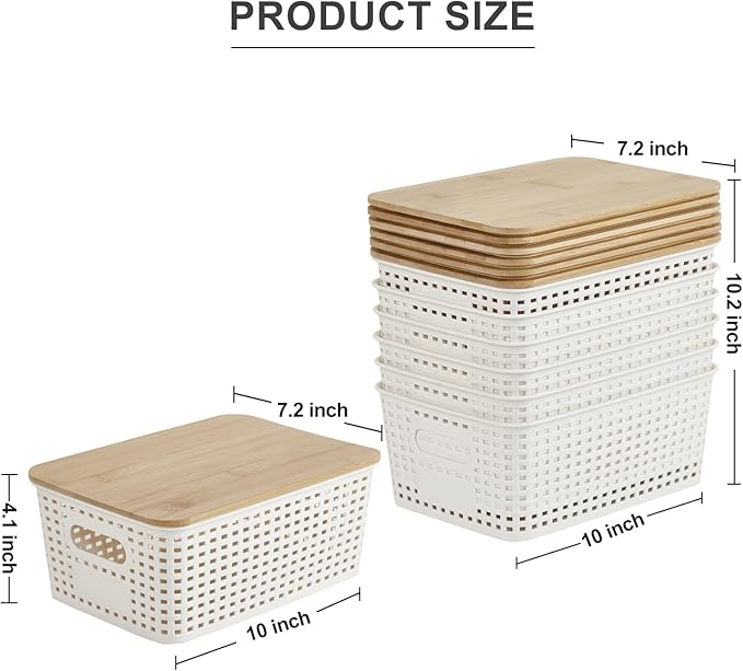 Small Plastic Storage Bins with Bamboo Lids 5.2qt Stackable Box Basket Pantry Decorative Containers Cute with Lable for Organizing Desktop Closet Office Cream White of 6 packs 10*7.2*4.1'’