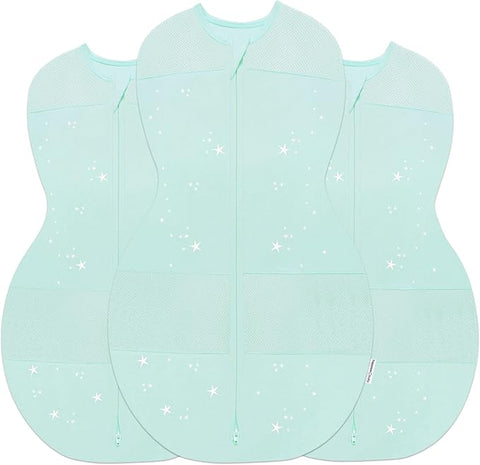 Happiest Baby Sleepea 5-Second Swaddle - 100% Organic Cotton Baby Swaddle Blanket - Doctor Designed Promotes Healthy Hip Development - 3-Pack Newborn Bundle (Teal Stars, 2 x Small, 1 x Medium)