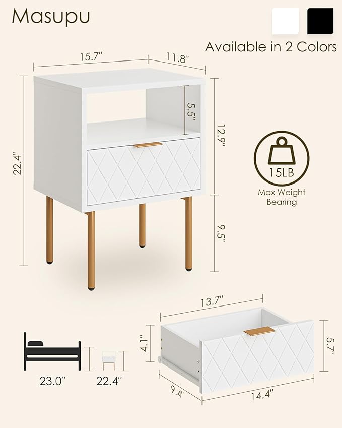Nightstand,Morden Bedside Table with Gold Frame,Small White Night Stand,End Table,Bedside Furniture,Side Table with Drawer and Shelf for Bedroom,Living Room (1Drawer, White-Square)