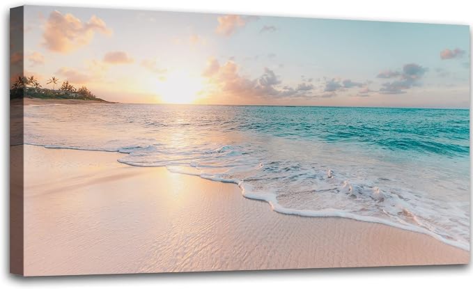 OKEXCKK Beach Canvas Wall Art - Sunset Ocean Picture Green Nature Seascape Painting Print for Kitchen, Bedroom, Living Room Decoration, Large Coastal Artwork Poster for Wall Decor 20"x40"