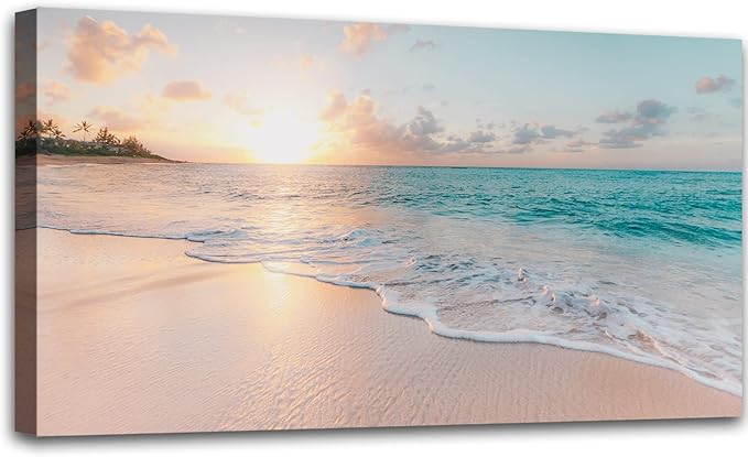 OKEXCKK Beach Large Canvas Wall Art Picture for Living Room - Sunset Ocean Nature Painting Print Decor Coastal Wall Decor Seascape Artwork Poster for Bedroom Decoration - 24"x48"