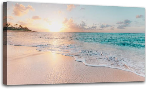 OKEXCKK Beach Large Canvas Wall Art Picture for Living Room - Sunset Ocean Nature Painting Print Decor Coastal Wall Decor Seascape Artwork Poster for Bedroom Decoration - 24"x48"
