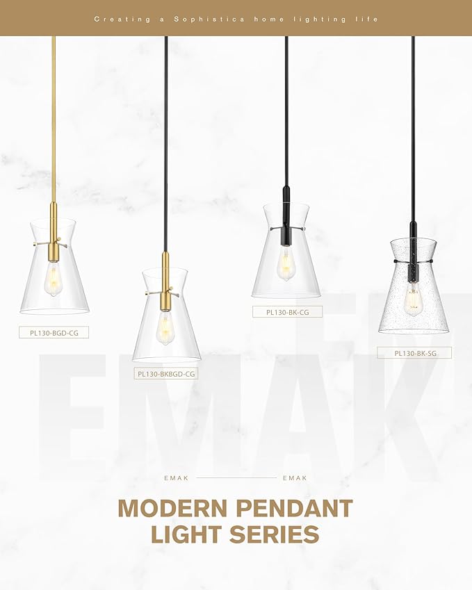 Emak Black and Gold Pendant Light Fixtures, 9 Inch Clear Glass Pendant Lights Kitchen Island, Modern Farmhouse Large Hanging Lights for for Kitchen, Dining Room, Bathroom, PL130-BKBGD-CG